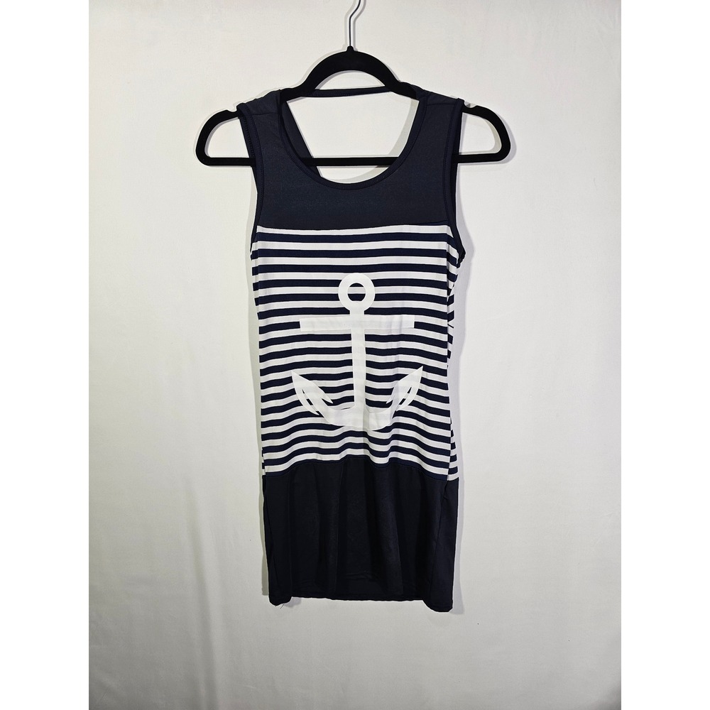 Preppy Nautical Sailor Unbranded Anchor Stripe Mini Dress Women Large Navy White
